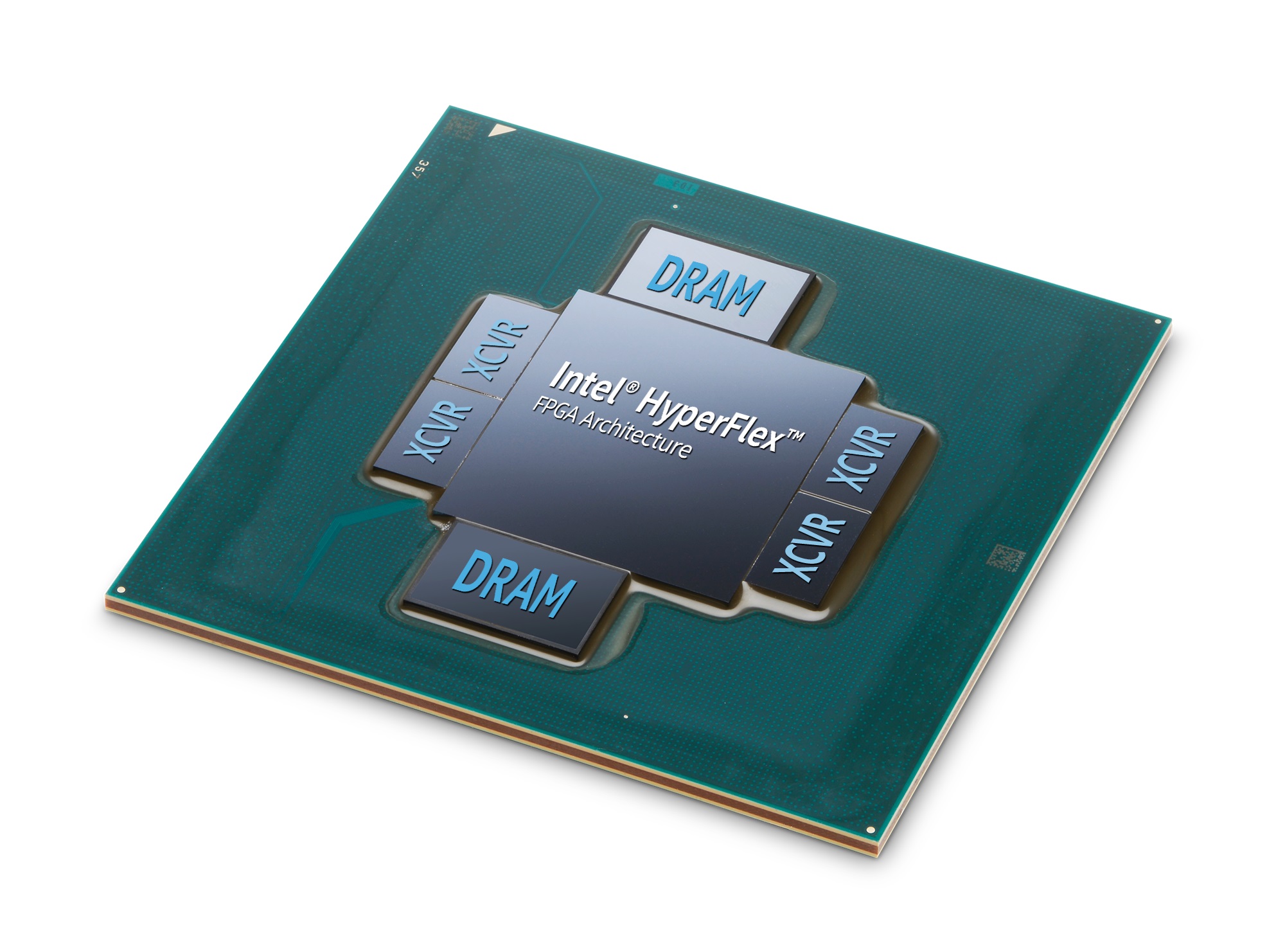 The Intel® Stratix® 10 MX FPGA is the industry’s first field programmable gate array (FPGA) with integrated High Bandwidth Memory DRAM (HBM2). By integrating the FPGA and the HBM2, Intel Stratix 10 MX FPGAs offer up to 10 times memory bandwidth compared to standalone DDR memory solutions. (Credit: Intel Corporation)