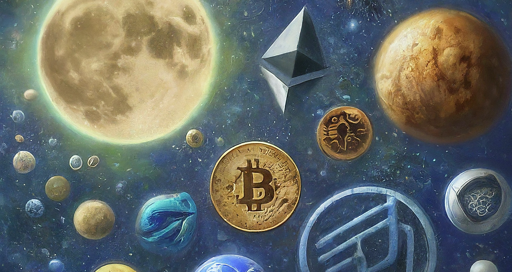 Bitcoin, Ethereum, Cardano, Uniswap, XRP, Helium, Arweave, Filecoin, Polkadot, Stellar Lumens, cryptocurrency, crypto market, Bitcoin price, crypto recovery, altcoins, blockchain, DeFi, smart contracts, dApps, decentralized finance, internet of things, data storage, cross-border payments, investment, technology, future of finance, space, moon, fantasy, nebula, rocket, spaceship, mascot, emblem, celestial body, pixel art, anime, constellation, panorama.